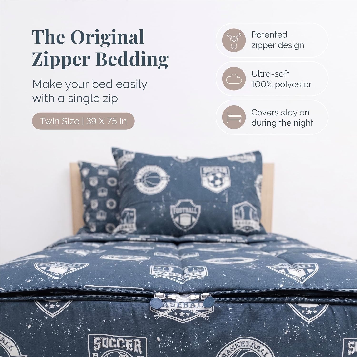 Beddy's Sports Theme Durable Zipper Bedding for Kids - Bed in a Bag - Blue Sheets with Baseball, Football, Basketball, Soccer Comforter - Includes Pillowcase & Sham - Easy to Make & Wash - Twin
