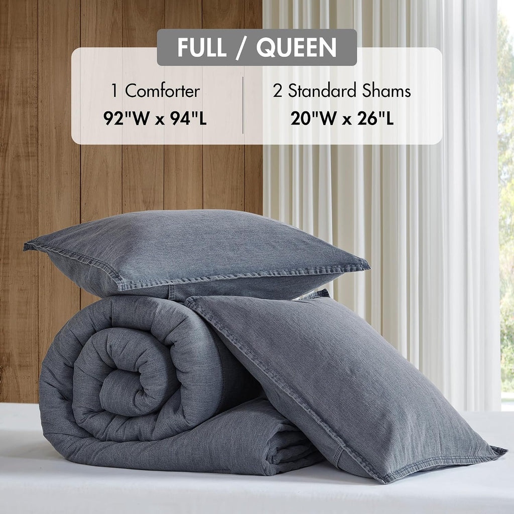 Woolrich Queen Comforter Set Cotton Stone Washed, Oversized Comforters Queen Size Bed, All Season Down Alternative Overfilled Queen Size Comforter, McKenzie, Full/Queen Blue 3 Piece