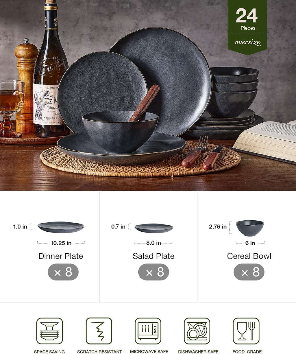 Famiware Dinnerware Sets for 8, Ocean Round 24-Piece Kitchen Plates and Bowls Sets, Microwave and Dishwasher Safe, Scratch Resistant, Matte Black