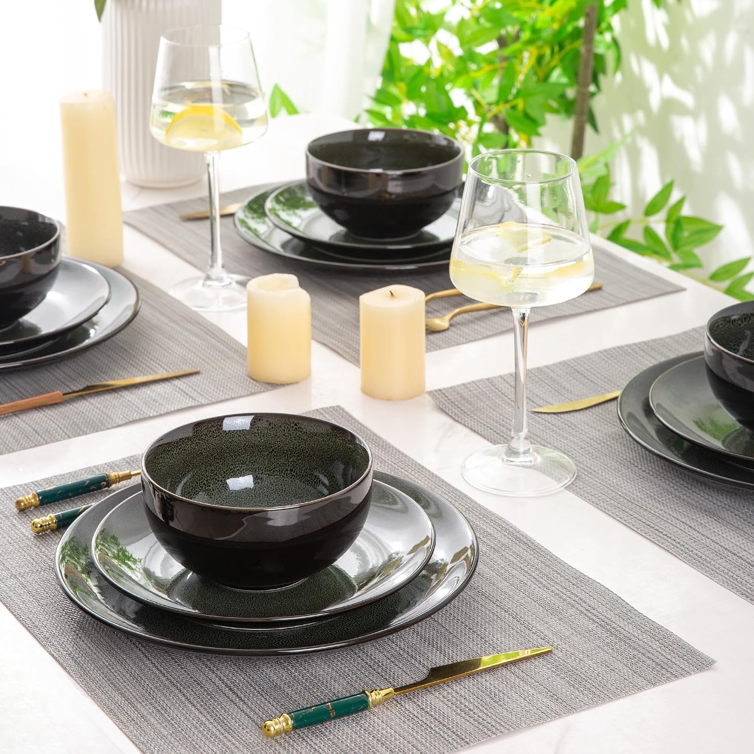 LERATIO Ceramic Dinnerware Sets for 8,Stoneware Plates and Bowls Sets,Handmade Reactive Glaze Dishes Set,Chip Resistant and Scratch Resistant | Oven&Dishwasher & Microwave Safe-Green(24PCS)