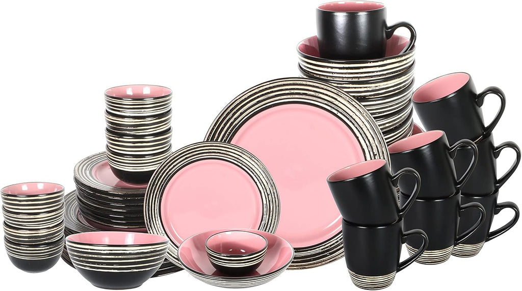 48 Piece Dinnerware Set, Ceramic Plates and Bowls Sets for 8, Microwave and Dishwasher Safe, Handcrafted Tree Bark Series Dish Set, Rose/Pink