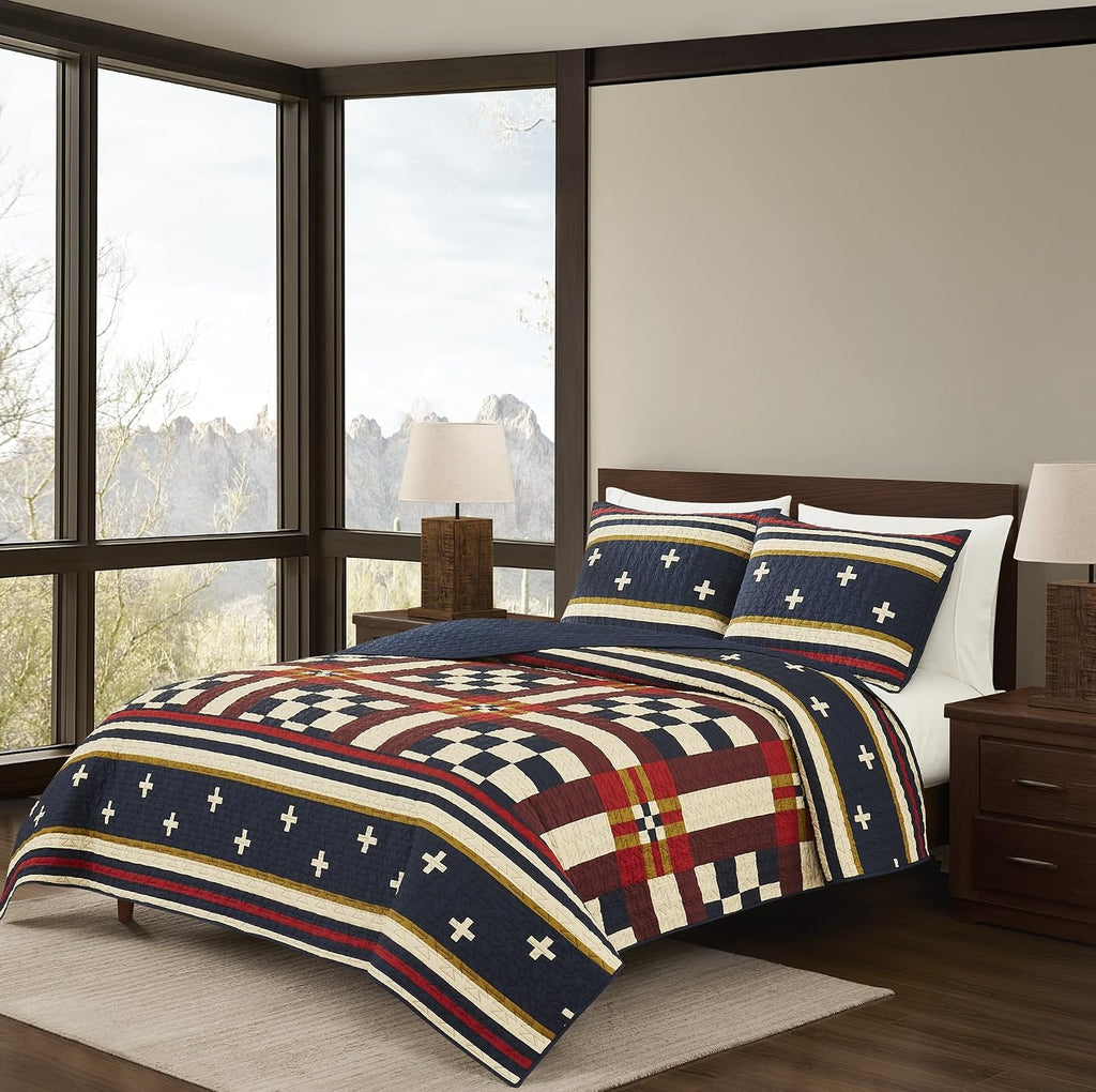 Pendleton Full/Queen Quilt Set – 100% Cotton 3 Piece Quilt Set with Shams, Soft Lightweight Bedding for Queen Size Bed, Blue & Tan Comforter Alternative, Queen Bedding Set (Scout Stripe)