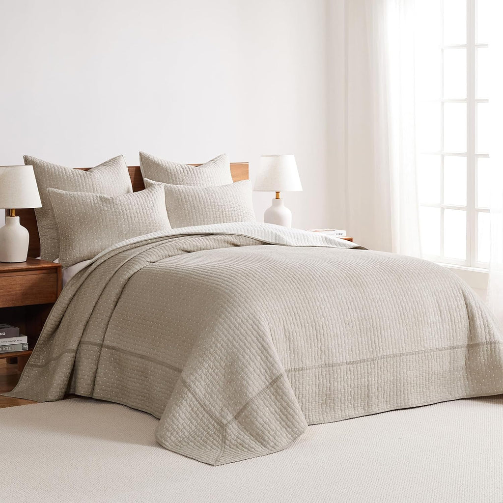 Levtex Home Cross Stitch Reversible King Bedspread Set (120x104in) with 2 Pillow Shams (36x20in) - Stitch Texture - Taupe - Cotton King Size Bedspread Set - Soft, Pre-Washed