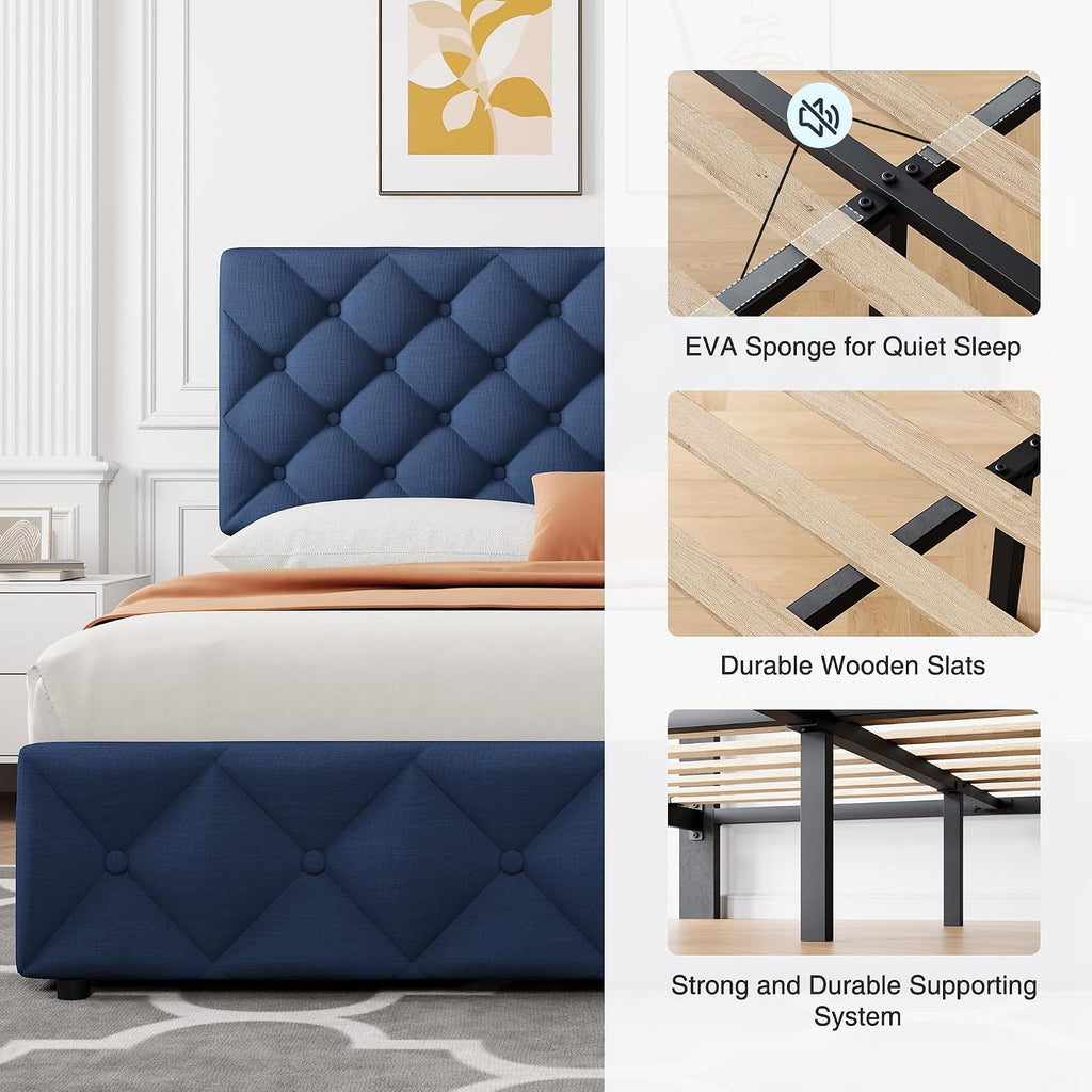 IDEALHOUSE Queen Size Bed Frame with 4 Storage Drawers and Adjustable Headboard, Linen Upholstered Platform Beds, Diamond Stitched Button Tufted, No Box Spring Needed, Blue