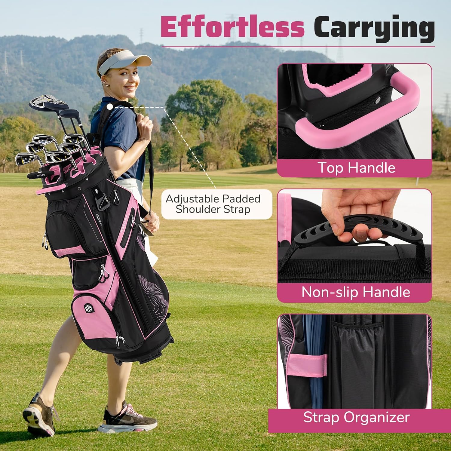Goplus Lightweight Golf Cart Bag, Molded Lock Top Golf Club Bag w/14-Way Full Length Organizer Dividers, 11 Pockets, Cooler Bag, Straps, Umbrella Holder & Rain Hood for Men Women