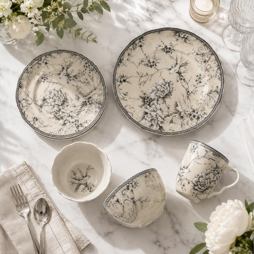 222 Fifth Adelaide 16-Piece Traditional Antique White Porcelain Dinnerware Set – Service for 4, Romantic Bird & Floral Design, Everyday Big Dinner Plates and Bowls Sets, Microwave & Dishwasher Safe