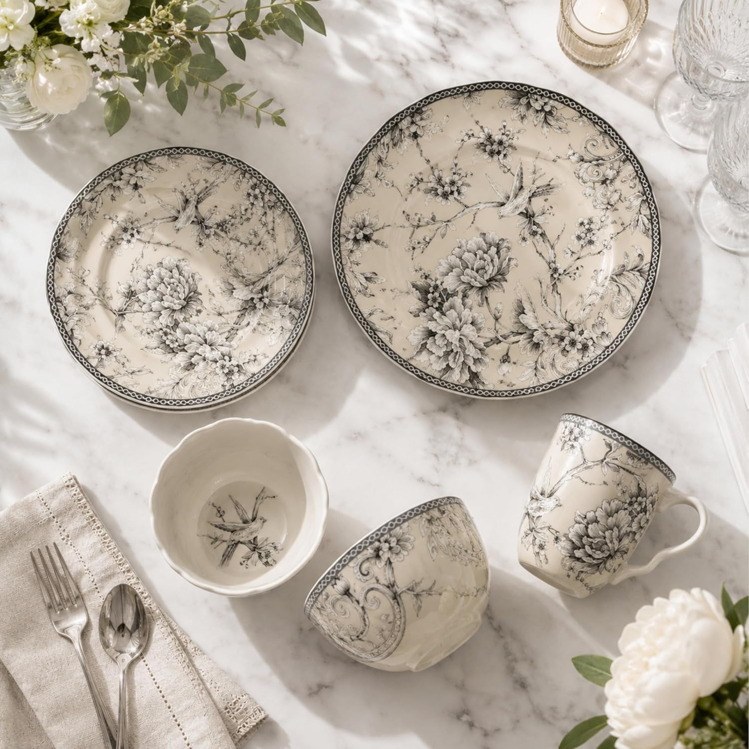 222 Fifth Adelaide 16-Piece Traditional Antique White Porcelain Dinnerware Set – Service for 4, Romantic Bird & Floral Design, Everyday Big Dinner Plates and Bowls Sets, Microwave & Dishwasher Safe