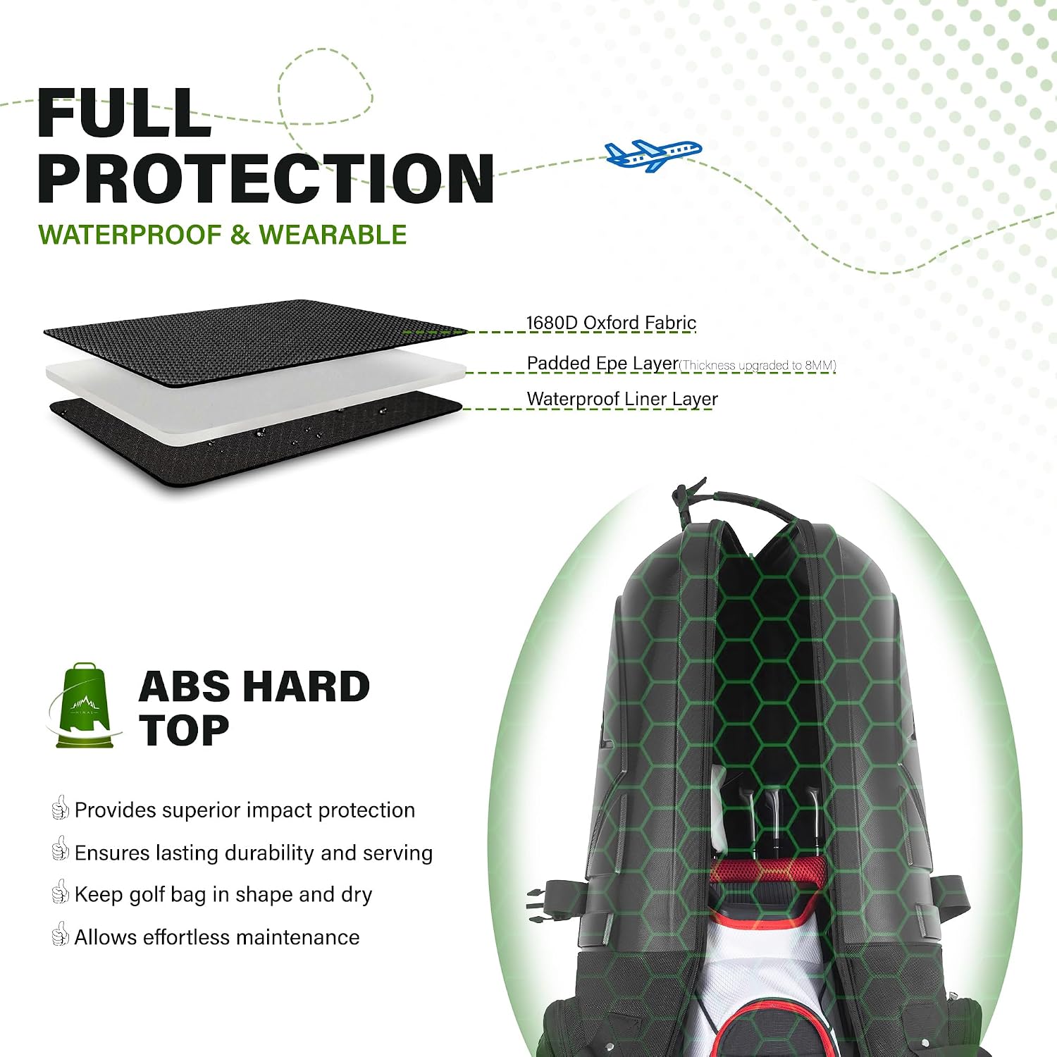 uniHimal Golf Travel Bag with Hard Case Top, 1680D Heavy Duty Oxford Golf Club Travel Bags for Airlines with Wheels Easy to Maneuver