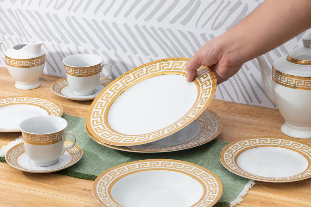 Vintage Dinnerware Set for 8-57 Piece Porcelain Dining Set - Gorgeous White and Gold Greek Key Design - Plates, Bowls, Cups and Saucers - For Everyday Use and Special Events (Meander Gold 2057)