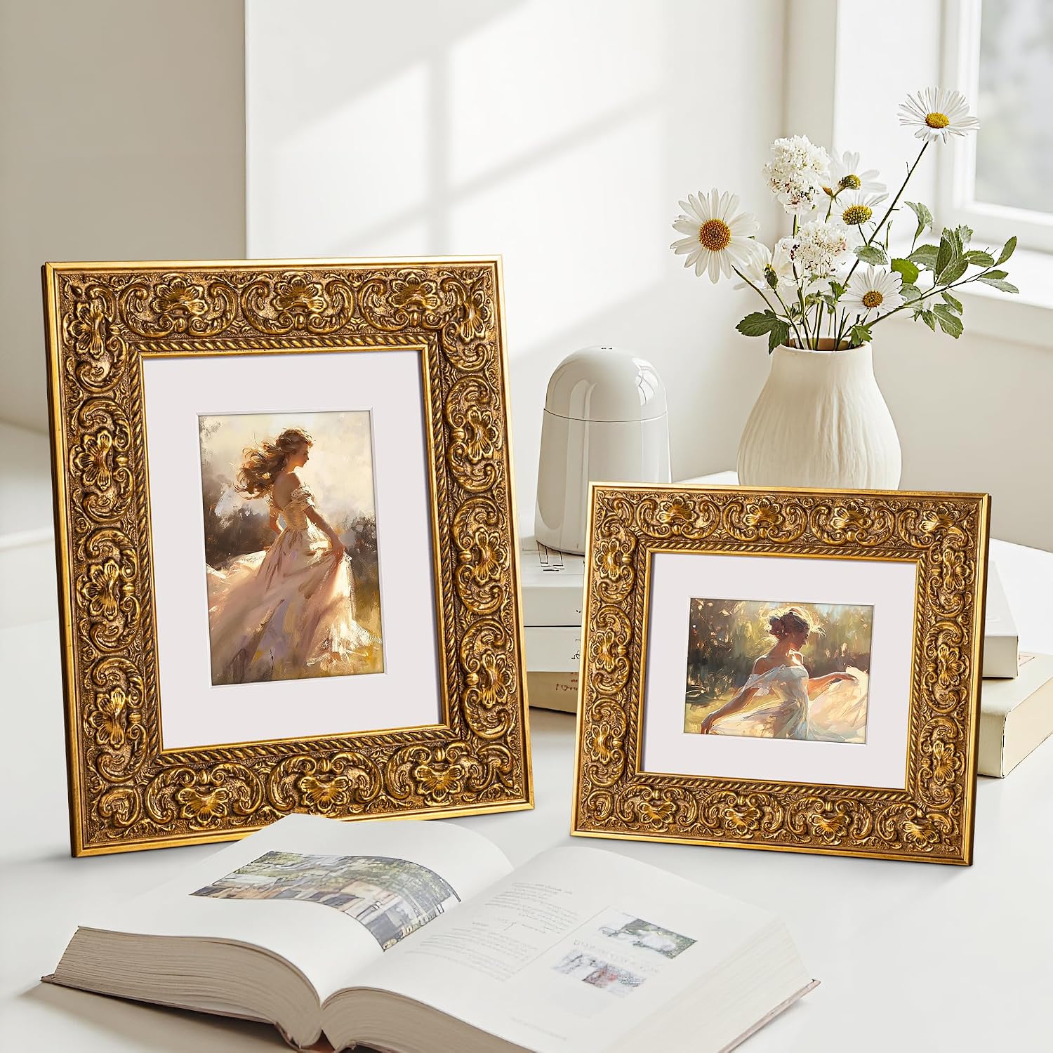 ArtXO 16x20 Picture Frame Wooden, Display Pictures 11x14 with Mat or 16x20 Without Mat, Wall Hanging Photo Frame, Vintage Poster Frame Gold