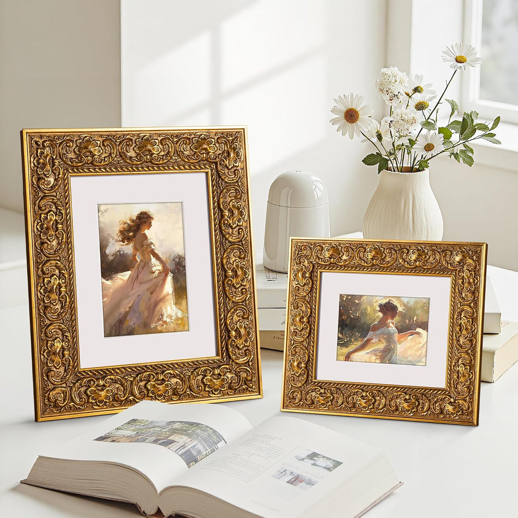 ArtXO 18x24 Picture Frame Gold, Display Pictures 16x20 with Mat or 18x24 Without Mat, Wall Hanging Photo Frame, Vintage Poster Frame Wooden