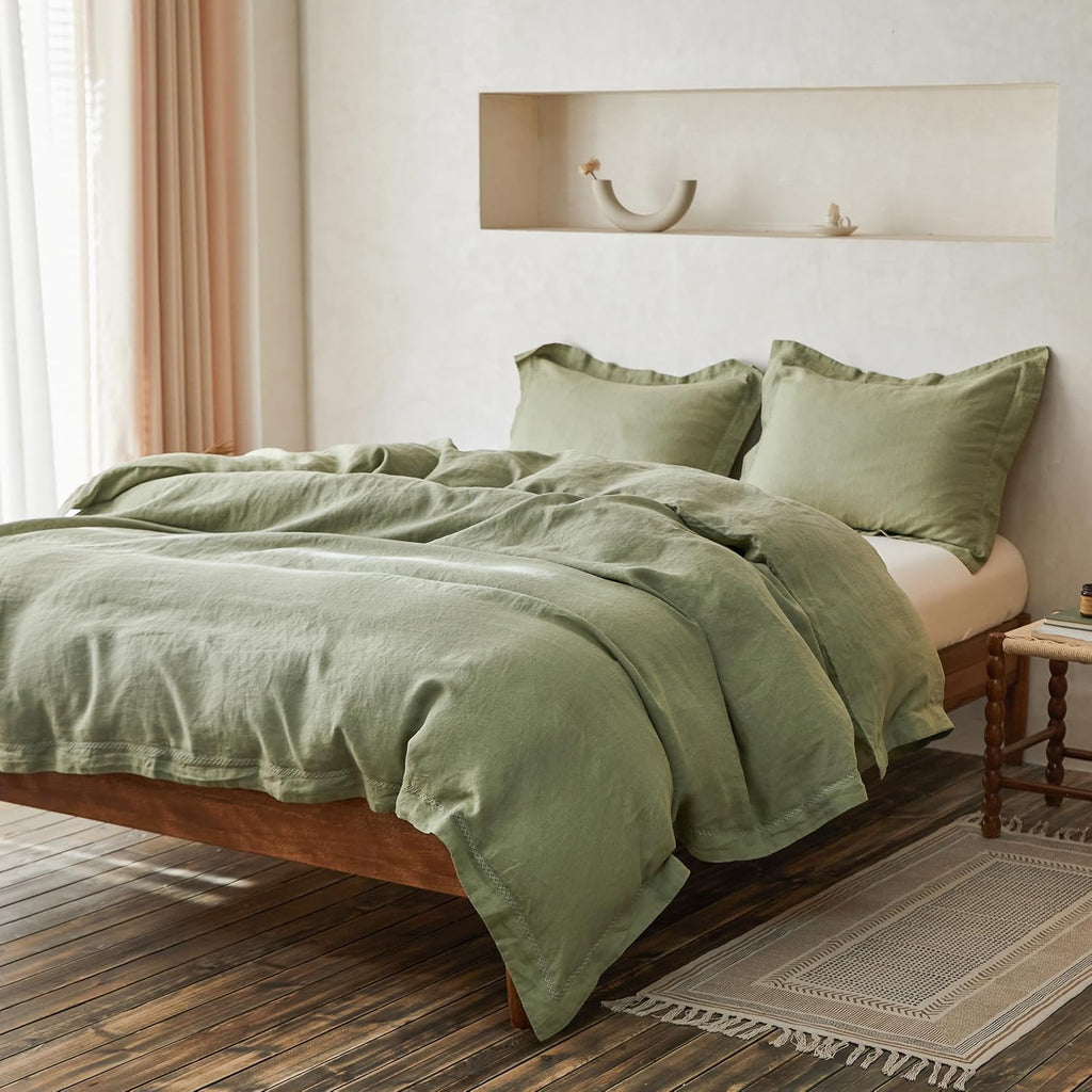 Simple&Opulence 100% Linen Duvet Cover Set with Crossed Embroidery Washed - 3 Pieces (1 Duvet Cover with 2 Pillow Shams) Soft Breathable Farmhouse - Sage Green, King Size