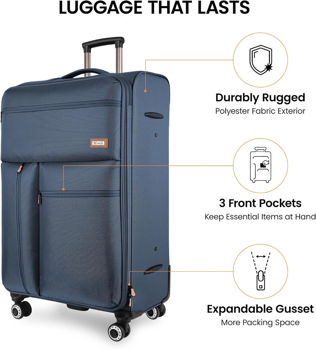 2-Piece Set Soft Shell Luggage w/Front Opening,Softside Luggage Sets w/Double Spinner Wheels &TSA LOCK,Expandable 20%,Lightweight Trolley Case,Luggage Rolling Suitcase for Men/Women（Navy,20in/30in）