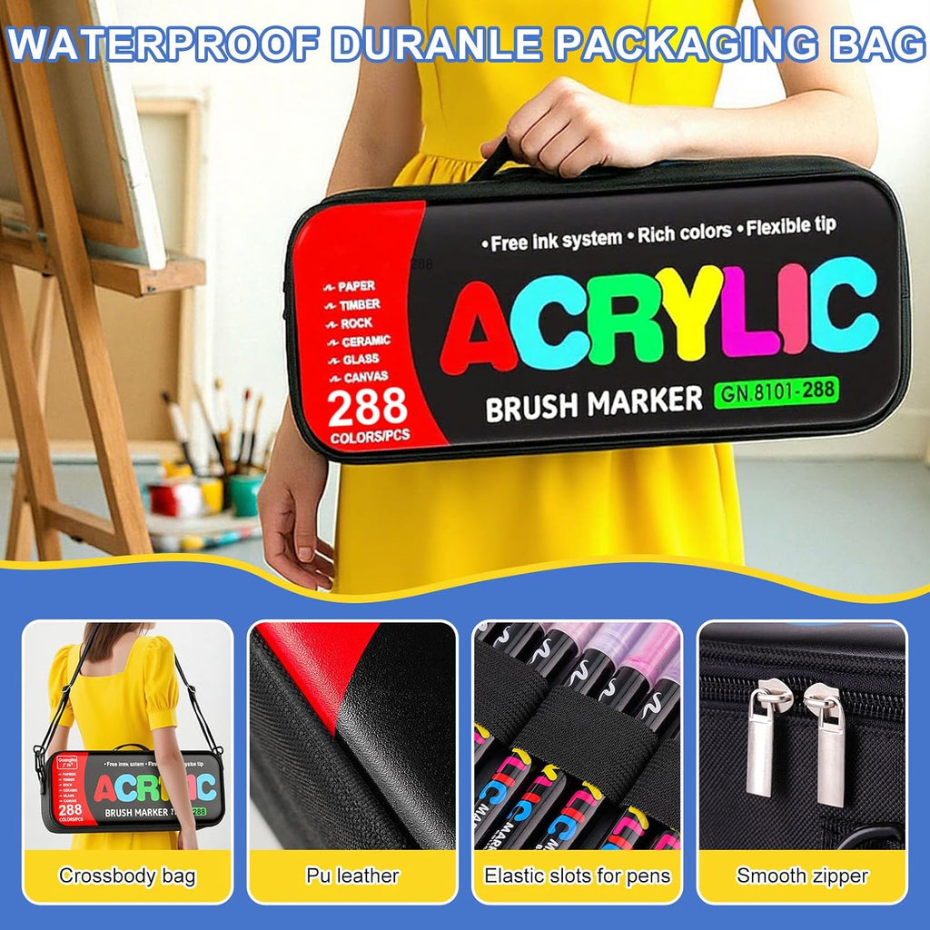 288 Colors Acrylic Paint Markers with Automatic Ink Control System, Soft Brush Tip Acrylic Markers for Paper, Rock, Wood, Canvas, Glass and Ceramic Art Supplies, Paint Pens & Paint Markers with Bag