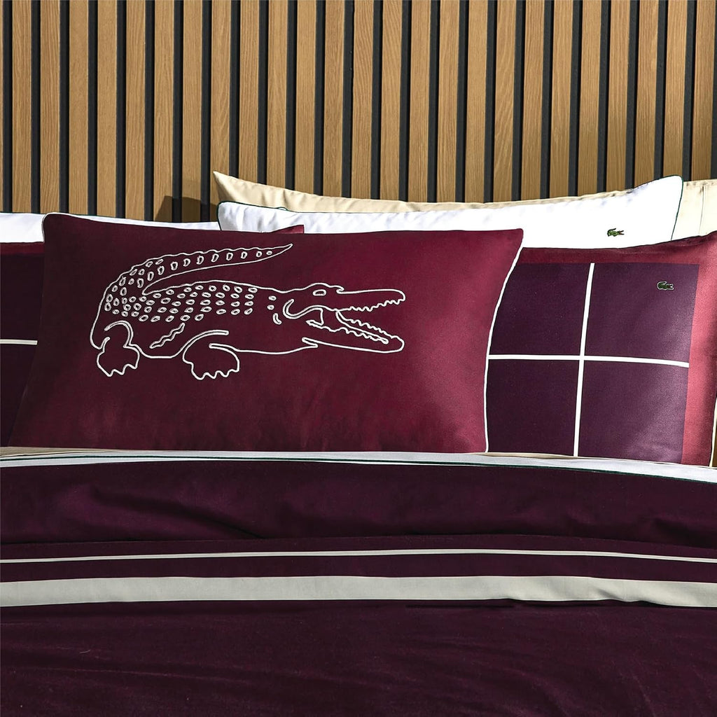 Lacoste Playful Checks Cotton Sateen 300-Thread Count Comforter Set – Medium Warmth, Oeko Tex Certified, Machine Washable, Burgundy, King