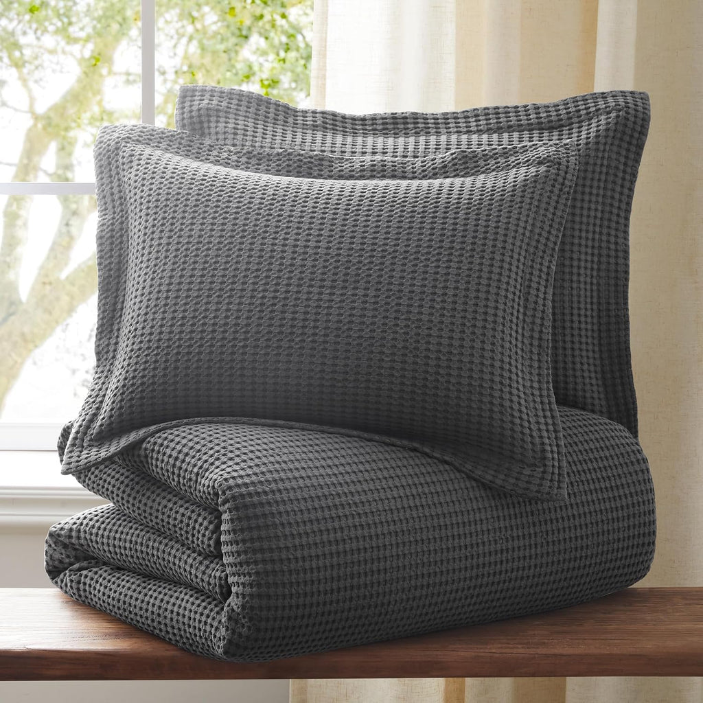 Levtex Home Mills Waffle King Duvet Cover Set (106x94in) with 2 Pillow Shams (36x20in) - Charcoal - Cotton King Size Duvet Cover Set - Soft, Pre-Washed