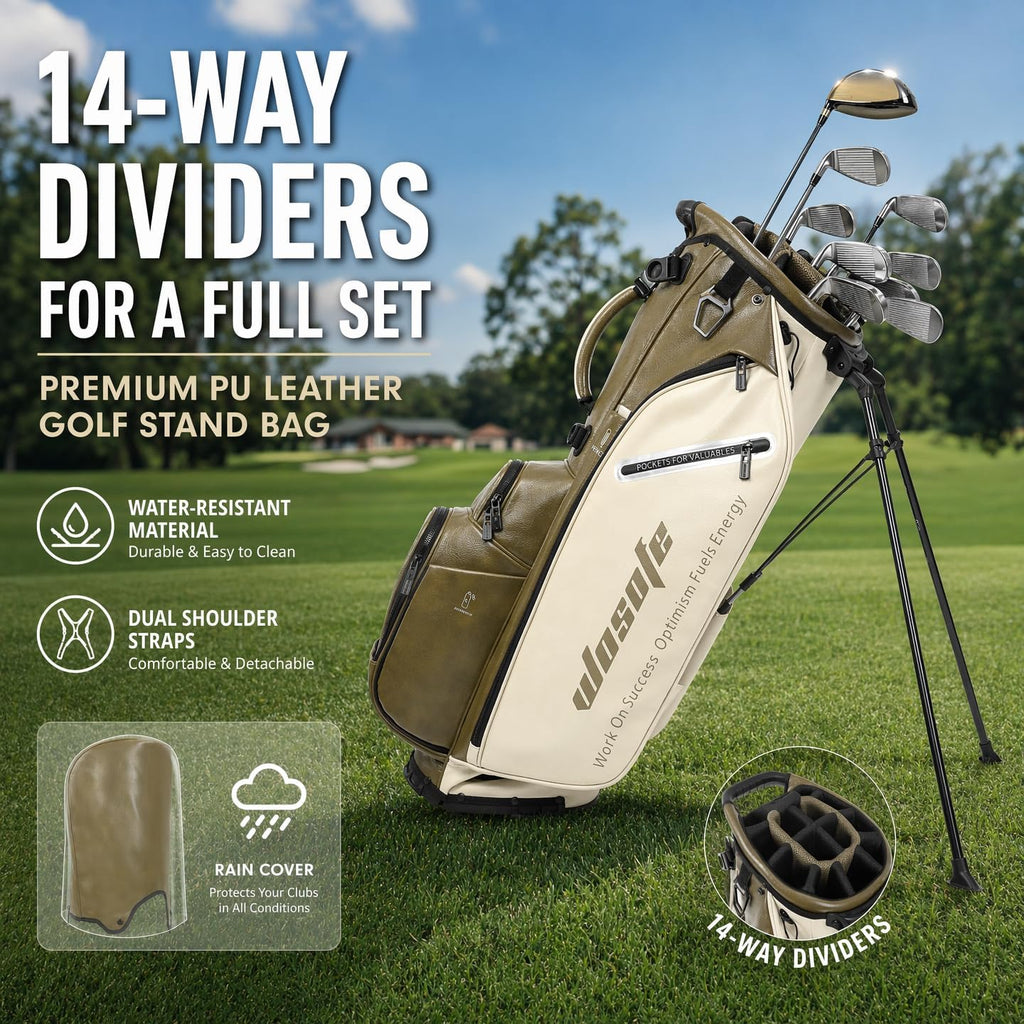 WOSOFE PU Golf Bag with 6/14 Way Top Dividers Automatically Adjustable Dual Straps Elegant Design for Men Women Pu Golf Stand Bag with Multiple Pockets
