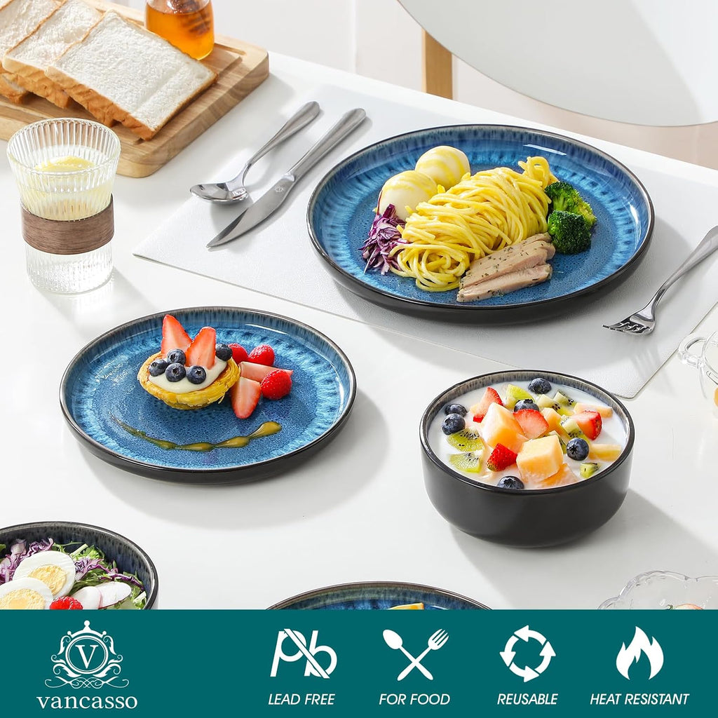 vancasso PLAYA Plates and Bowls Sets, 24 Pieces Blue Dinnerware Sets for Kitchen, Reactive Glaze Dishes Set for 8, Dishwasher and Microwave Safe