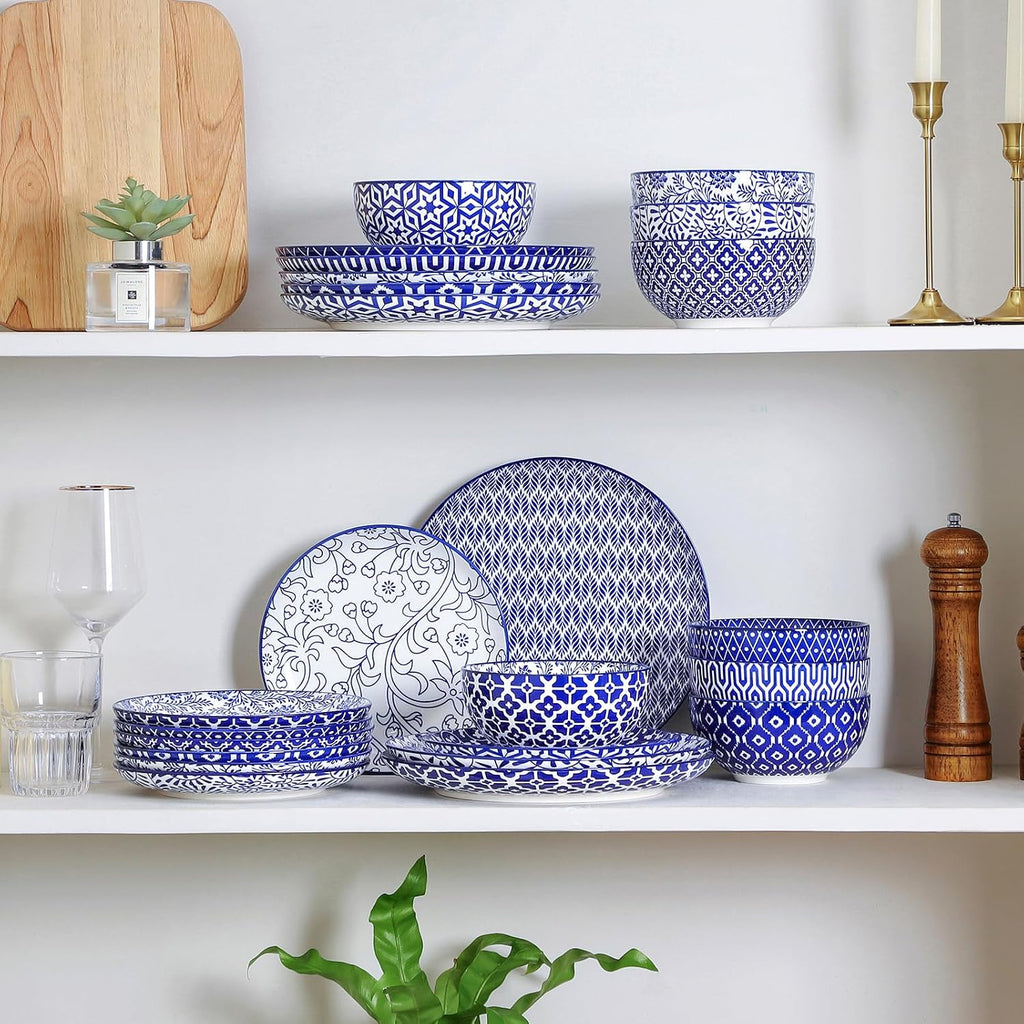 Selamica Ceramic Plates and Bowls Sets,24 Pieces Dinnerware Sets for 8,Scratch Resistant Dish Set for family gathering,Dishwasher & Microwave Safe, Vintage Blue