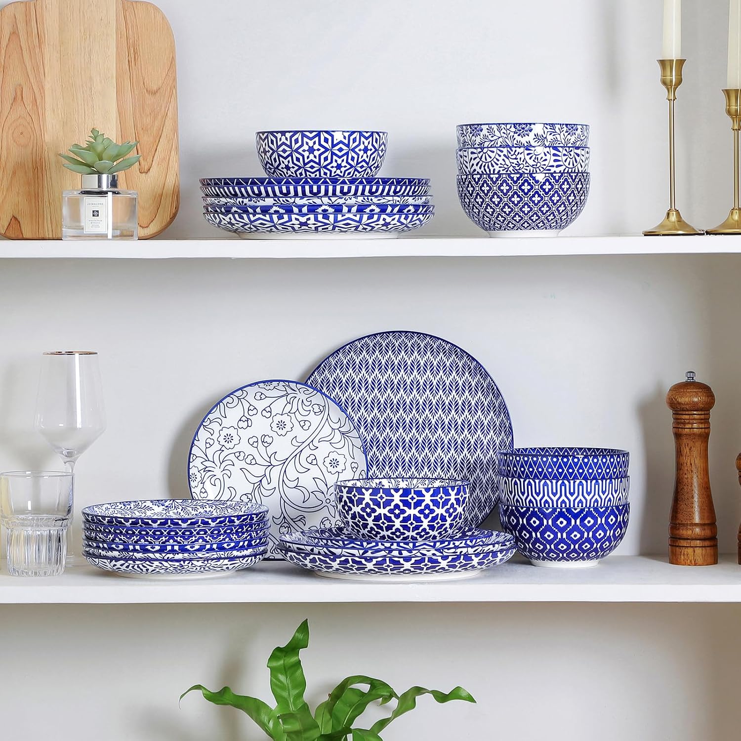 Selamica Ceramic Plates and Bowls Sets,24 Pieces Dinnerware Sets for 8,Scratch Resistant Dish Set for family gathering,Dishwasher & Microwave Safe, Vintage Blue