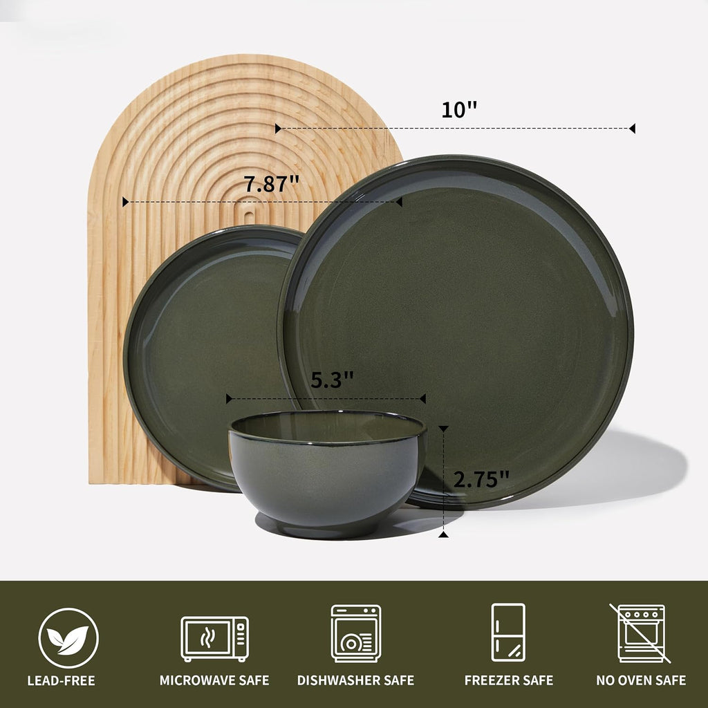 Pokini 18 Piece Dinnerware Set for 6, Reactive Glaze Terracotta Plates and Bowls Set, Large Family-Sized Stoneware Dish Set for Gatherings, Chip and Scratch Resistant, Blackish Green