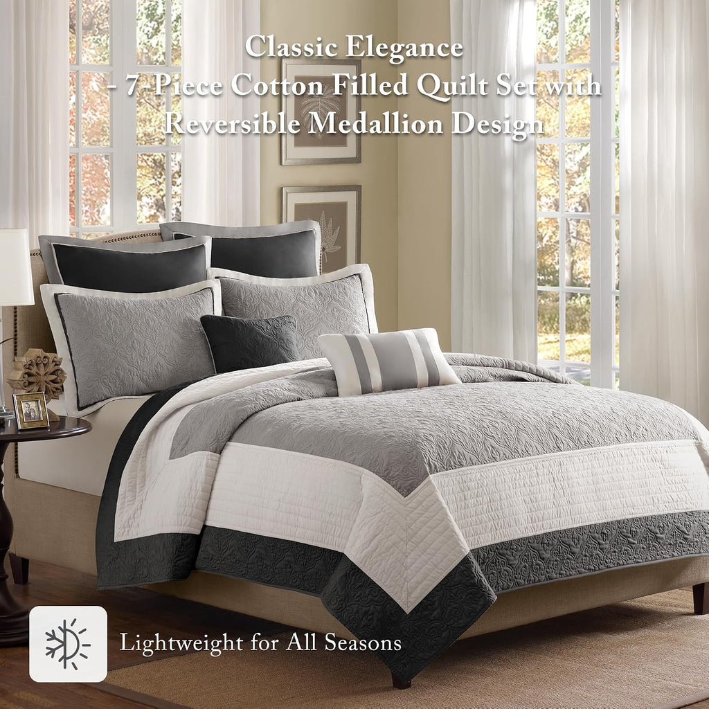 Madison Park Attingham Reversible Quilt Set - All Season Breathable Coverlet, Lightweight Cozy Bedding Layers, Matching Shams, King/Cal King(104'x94'), Black Multi 7 Piece