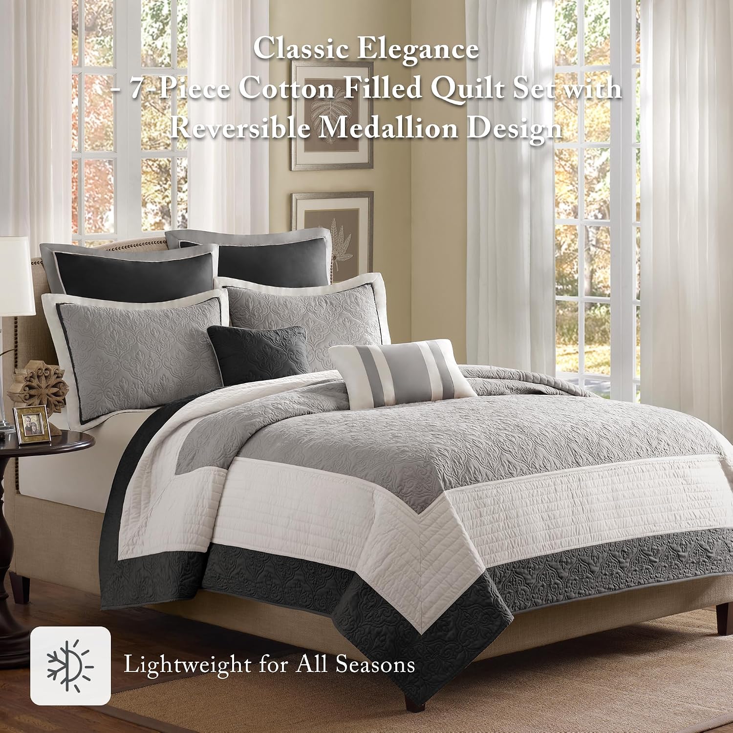 Madison Park Attingham Reversible Quilt Set - All Season Breathable Coverlet, Lightweight Cozy Bedding Layers, Matching Shams, King/Cal King(104'x94'), Black Multi 7 Piece
