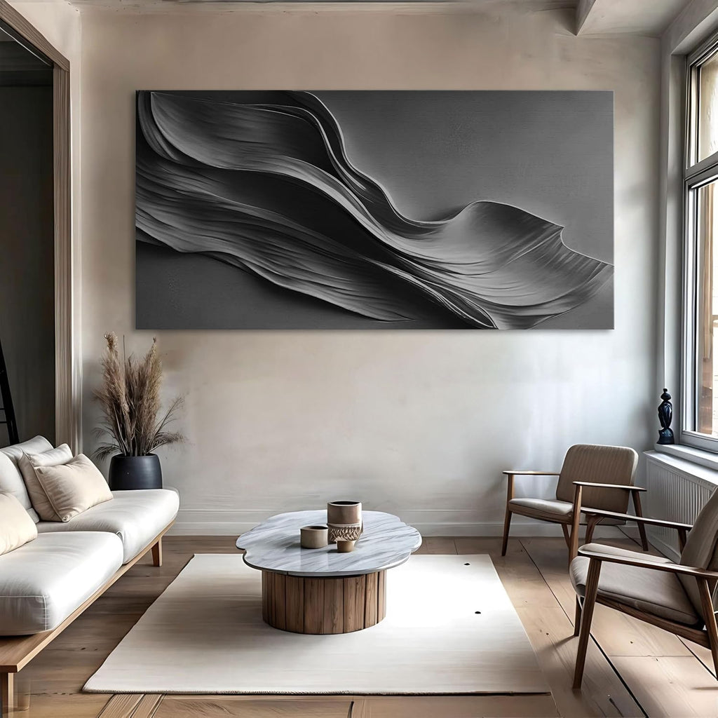 TAILORED CANVASES Black Abstract Minimalist Wall Art – Modern Waves Design for Living Room or Office - Black Tones Canvas Painting Decor – Contemporary Wall Accent in Minimalist Abstract Style 48x24