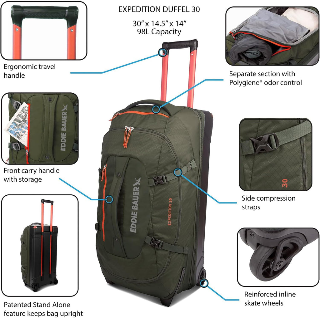 Eddie Bauer Expedition Rolling Duffel Bag with Wheels | Travel | Check-In | Luggage | Rugged | Durable - Dark Thyme, 30'