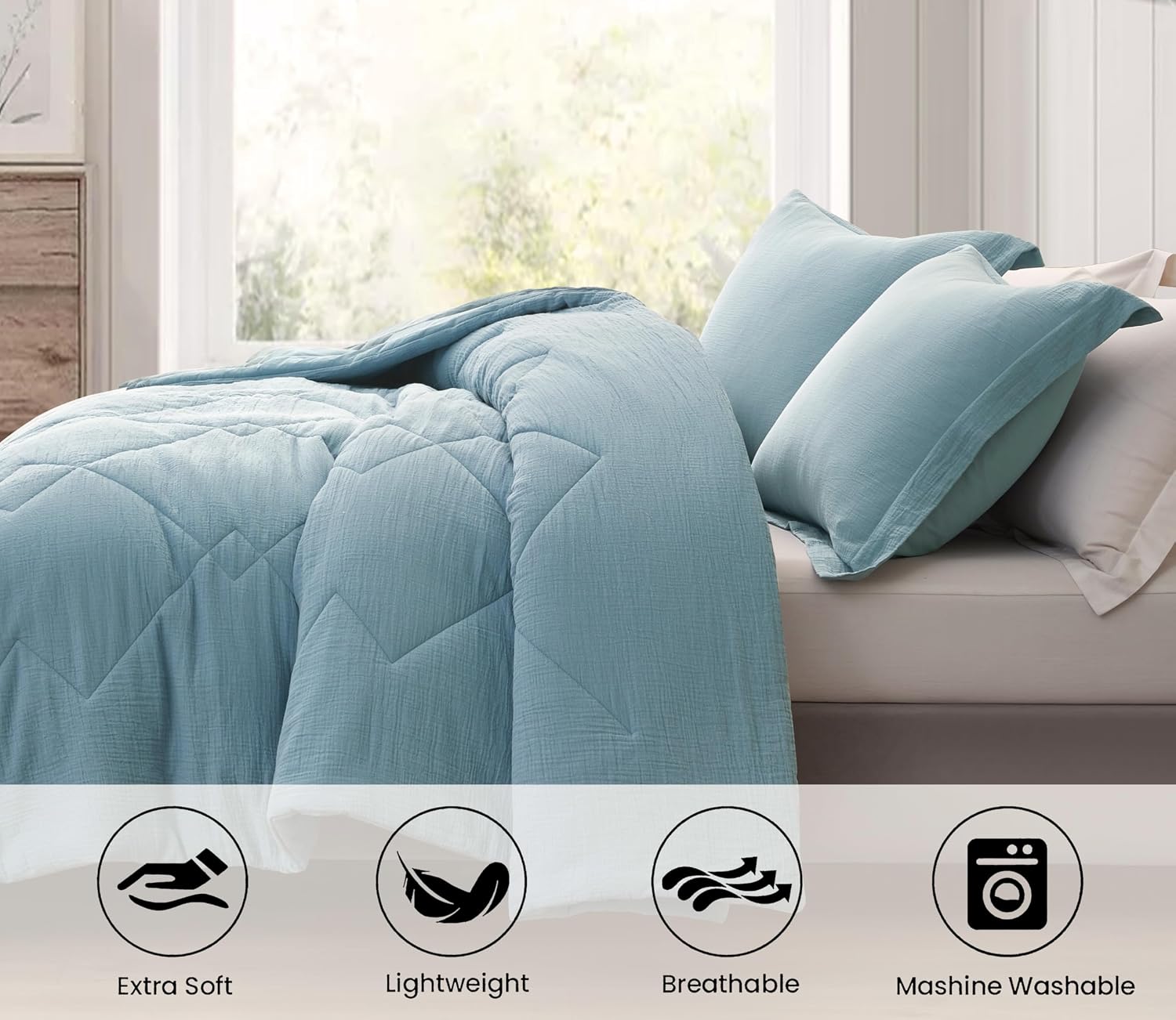 Chezmoi Collection Skye 3-Piece 100% Cotton Muslin Thin Comforter Set Oversized King, Lake Blue Reversible Soft Washed Cotton Gauze Breathable Lightweight Comforter, 130GSM Fill Summer Blanket