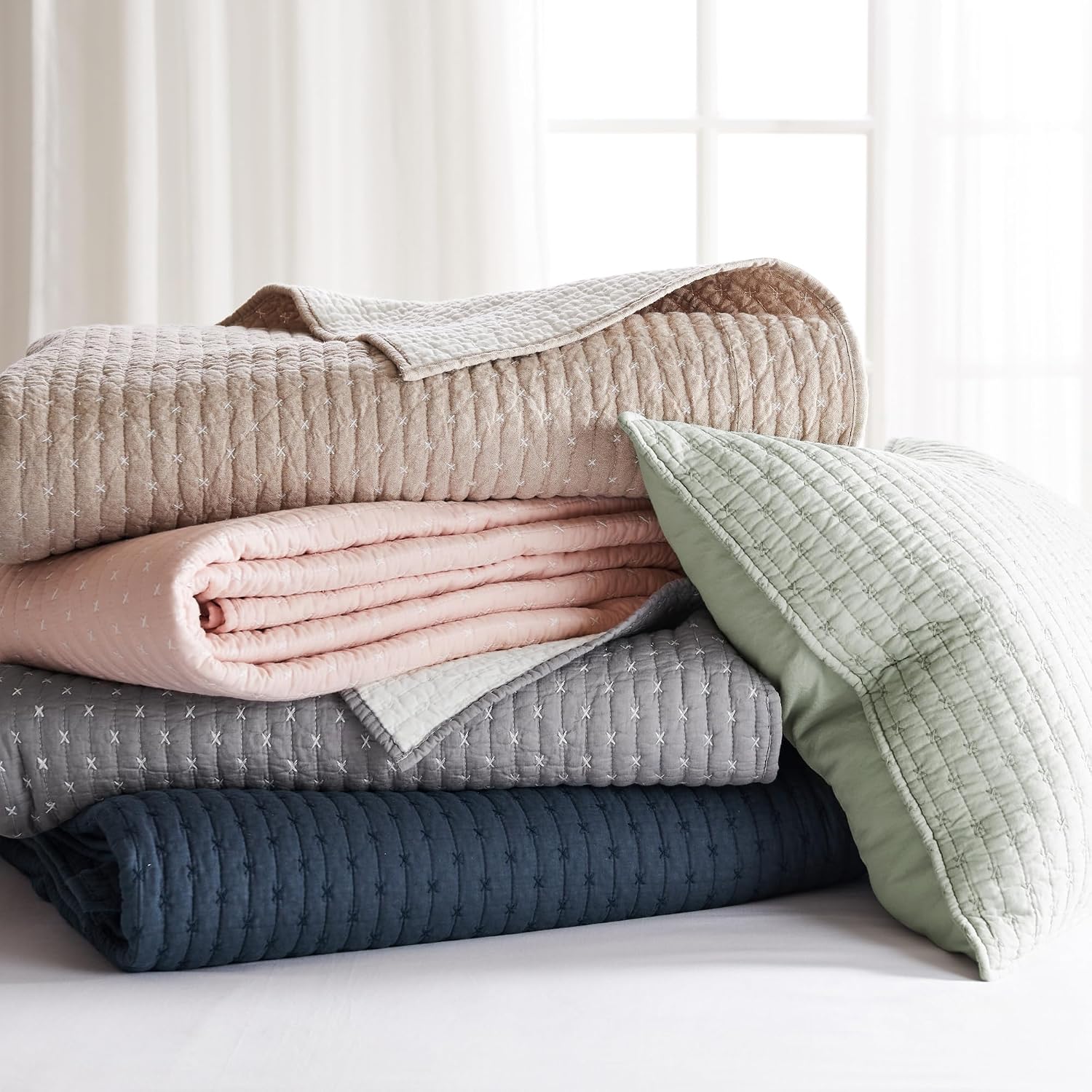 Levtex Home Cross Stitch Reversible King Bedspread Set (120x104in) with 2 Pillow Shams (36x20in) - Stitch Texture - Navy - Cotton King Size Bedspread Set - Soft, Pre-Washed