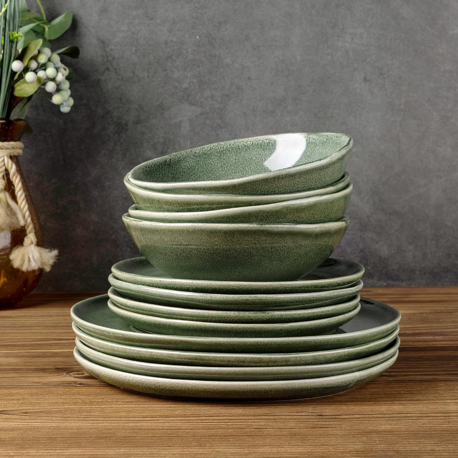 AmorArc Ceramic Dinnerware Sets,Handmade Reactive Glaze Stoneware Plates and Bowls Sets,Highly Scratch Resistant | Dishwasher & Microwave Safe Dishes Set,Service for 8 (24pc)