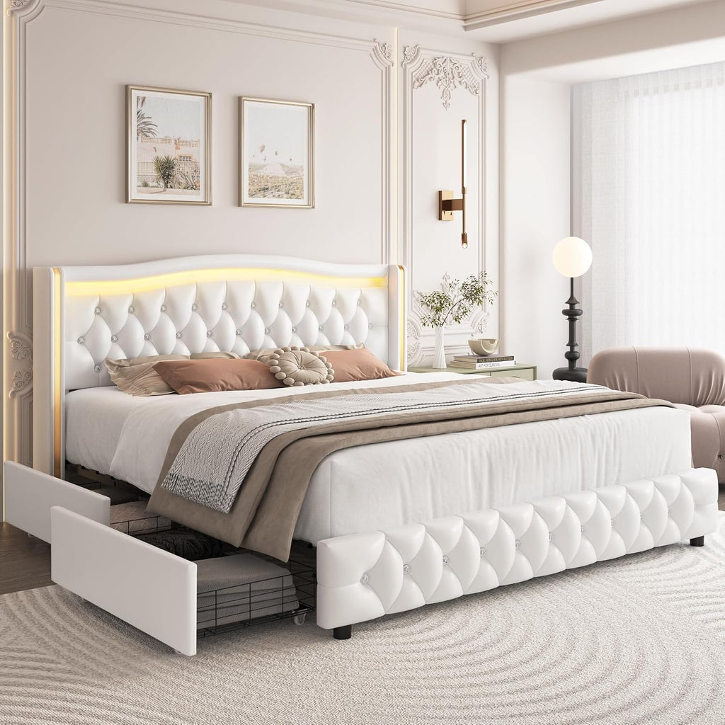 HIFIT Full Size LED Bed Frame with 4 Storage Drawers & Crystal Button-Tufted Wingback Headboard, Modern PU Upholstered Platform Bed Frame with No Box Spring Needed, Easy Assembly, White