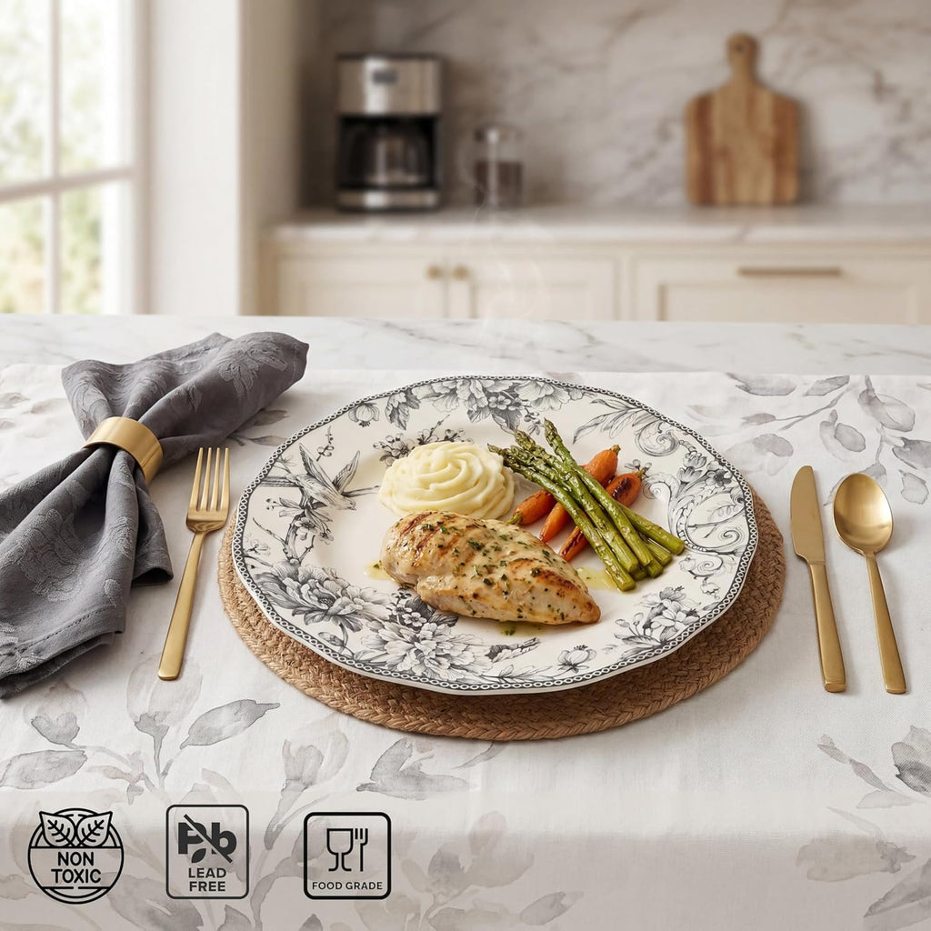 222 Fifth Adelaide 16-Piece Casual Grey Porcelain Dinnerware Set – Service for 4, Classic Toile Bird & Floral Design, Microwave & Dishwasher Safe, for Everyday Dining & Entertainment