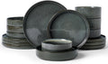 Famiware Star 16-Piece Stoneware Dinnerware Sets, Service for 4 - Shallow Pasta Bowls & Flat Plates, Modern Rustic Reactive Glaze Dishes, Chip/Scratch Resistant, Microwave/Dishwasher Safe, Deep Forest
