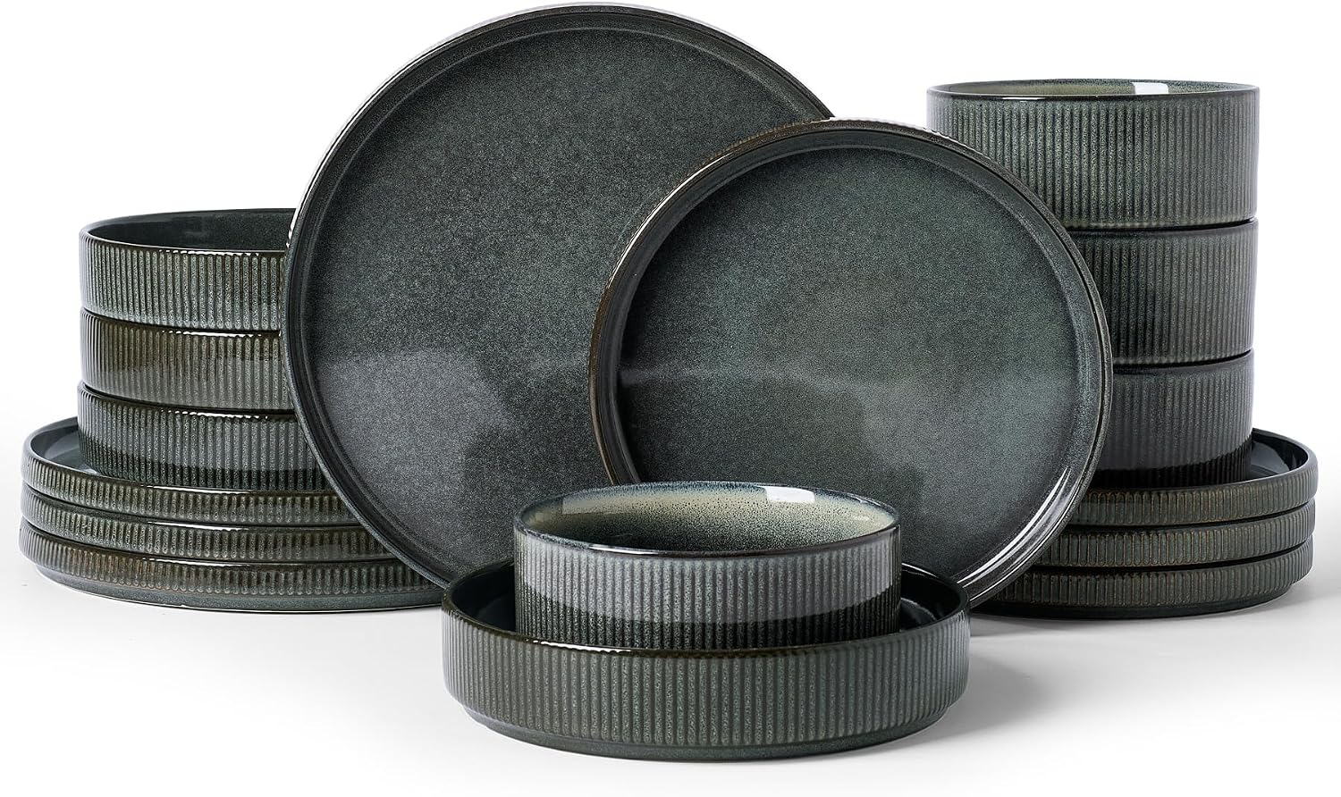 Famiware Star 16-Piece Stoneware Dinnerware Sets, Service for 4 - Shallow Pasta Bowls & Flat Plates, Modern Rustic Reactive Glaze Dishes, Chip/Scratch Resistant, Microwave/Dishwasher Safe, Deep Forest