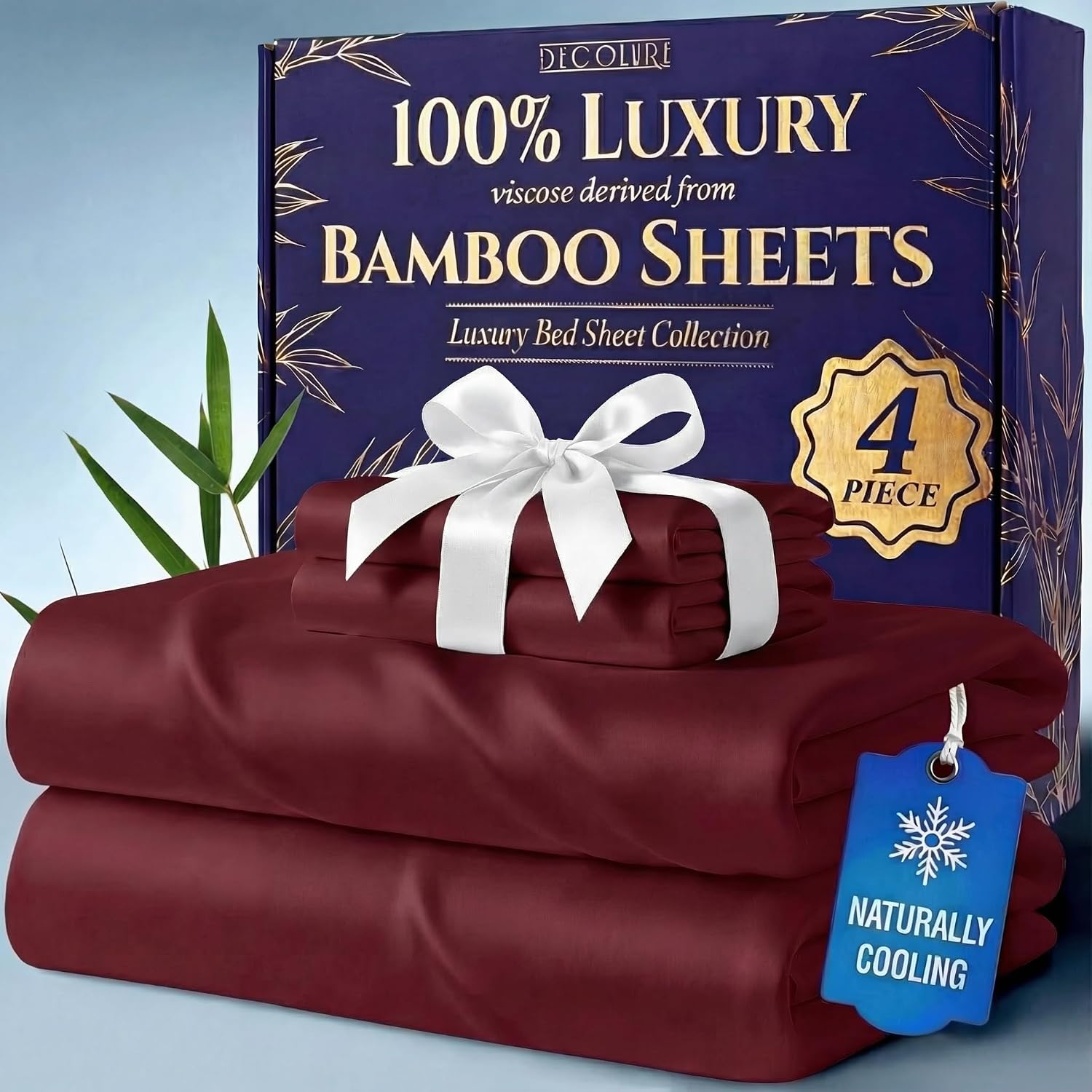 DECOLURE 100% Viscose Derived from Bamboo Sheets Queen Size - Luxury 4 Pc Naturally Cooling Sheets, Ultra Soft Bed Set - Deep 17' Pockets, Durable Double Stitching, Oeko Tex Standard (Burgundy)