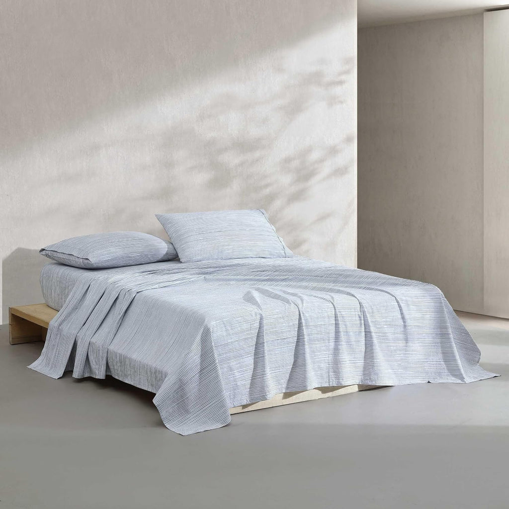 Calvin Klein - King Size Sheets Set, Crisp & Tailored Cooling Sheets w/a Naturally Smooth Cotton Percale Lightweight Feel - Bed Sheets with Matching Pillowcases & Fitted Sheet (Wavy Stripe Blue)