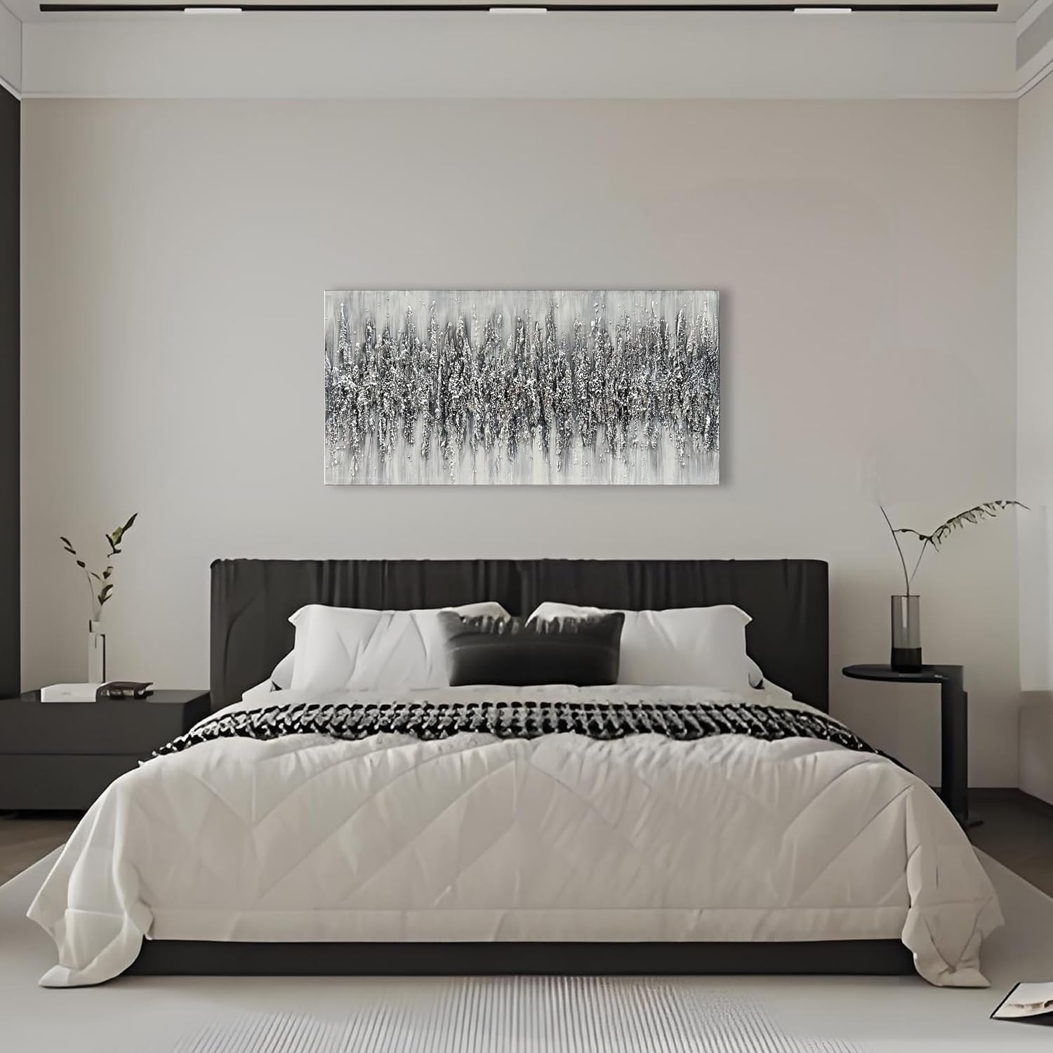 Art 24x48 Inch Minimalist Art Painting Hand-Painted Black and White Wall Art Textured Oil Painting Modern Abstract Art Home Wall Decoration