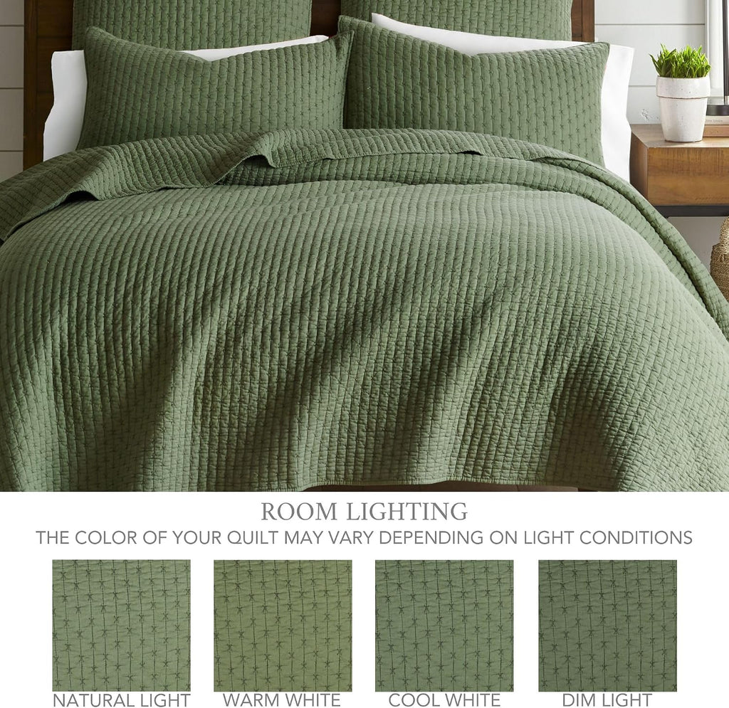 Levtex Home Cross Stitch Reversible Full/Queen Quilt Set (88x92in) and 2 Pillow Shams (26x20in) - Stitch Texture - Forest Green - Cotton Full/Queen Size Quilt Bedding Set - Lightweight Soft Pre-Washed