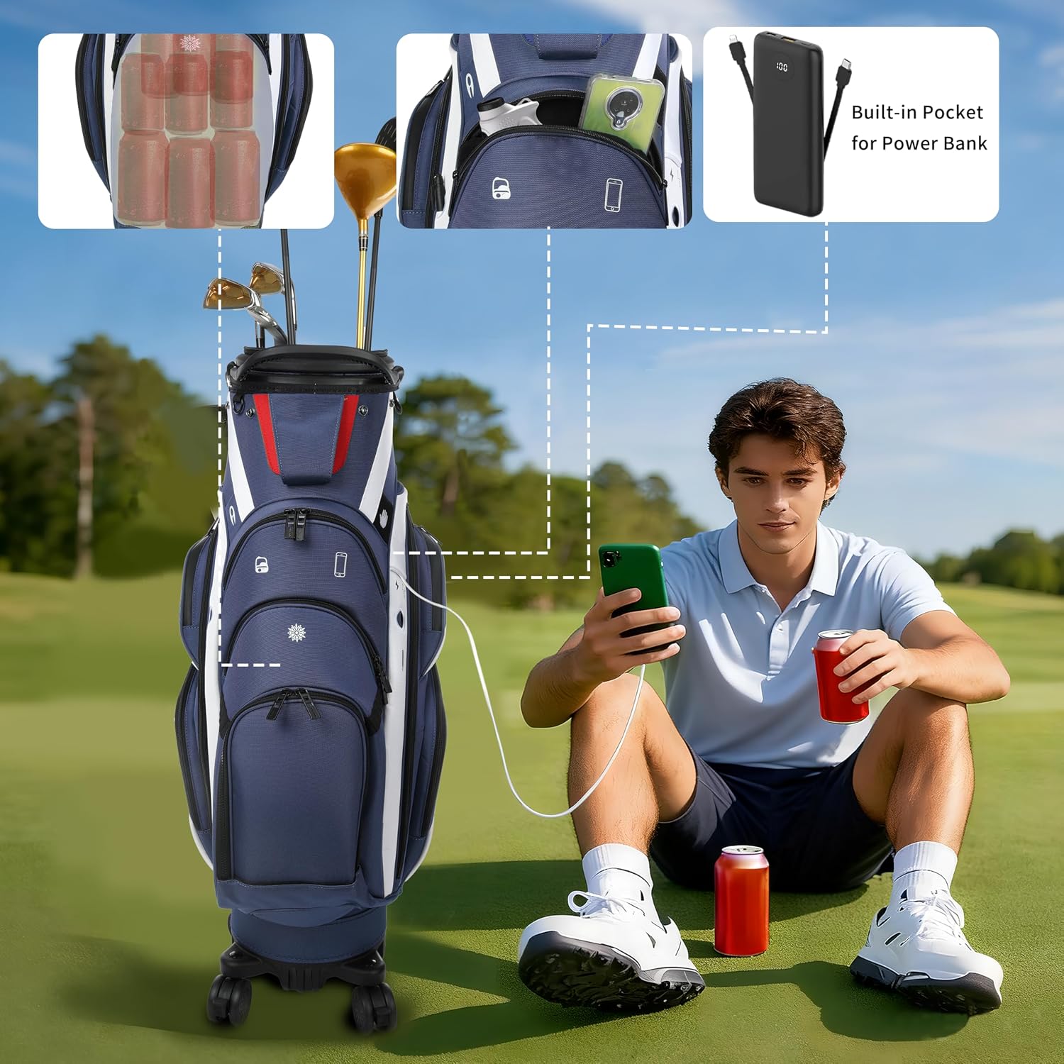 Golf Club Travel Bag with Wheels, Golf Cart and Travel Bag Retractable Cover,Golf Carry Bag for Men and Women, Multiple Storage Pockets, Shoe Compartment, Golf Cart Bag, 4 Colors to Choose from