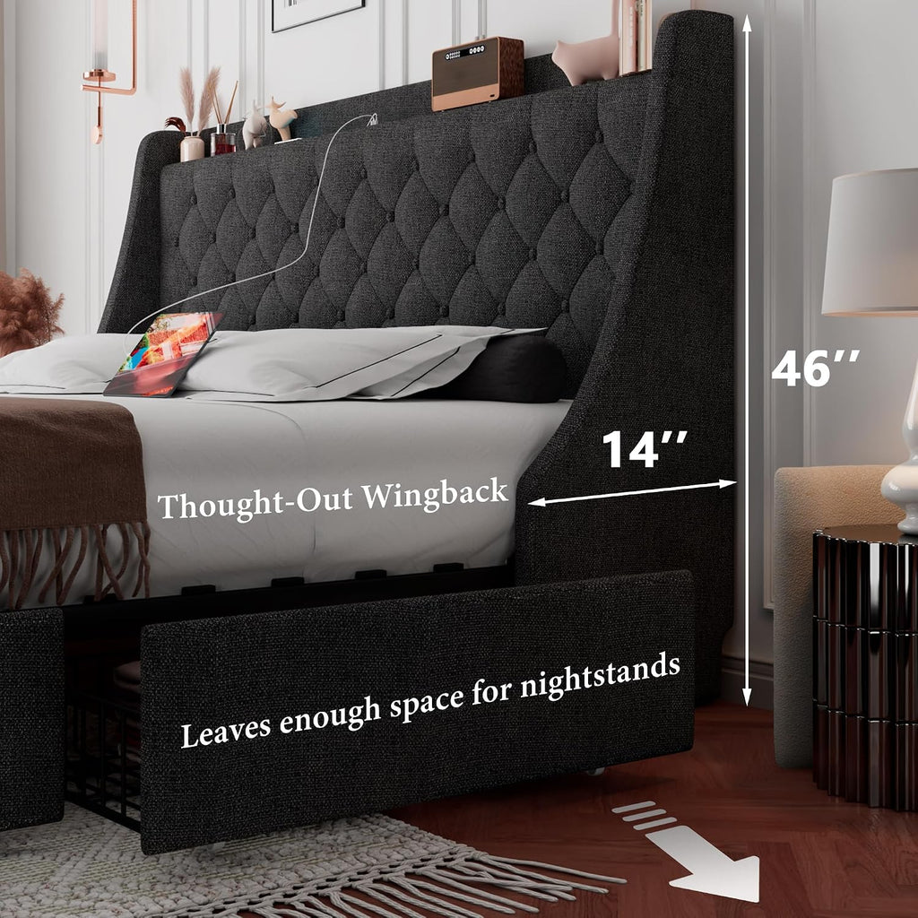 iPormis King Size Bed Frame with 4 Storage Drawers, Upholstered Platform Bed Frame with Type-C & USB Ports, Wingback Storage Headboard, Solid Wood Slats, No Box Spring Needed, Dark Gray
