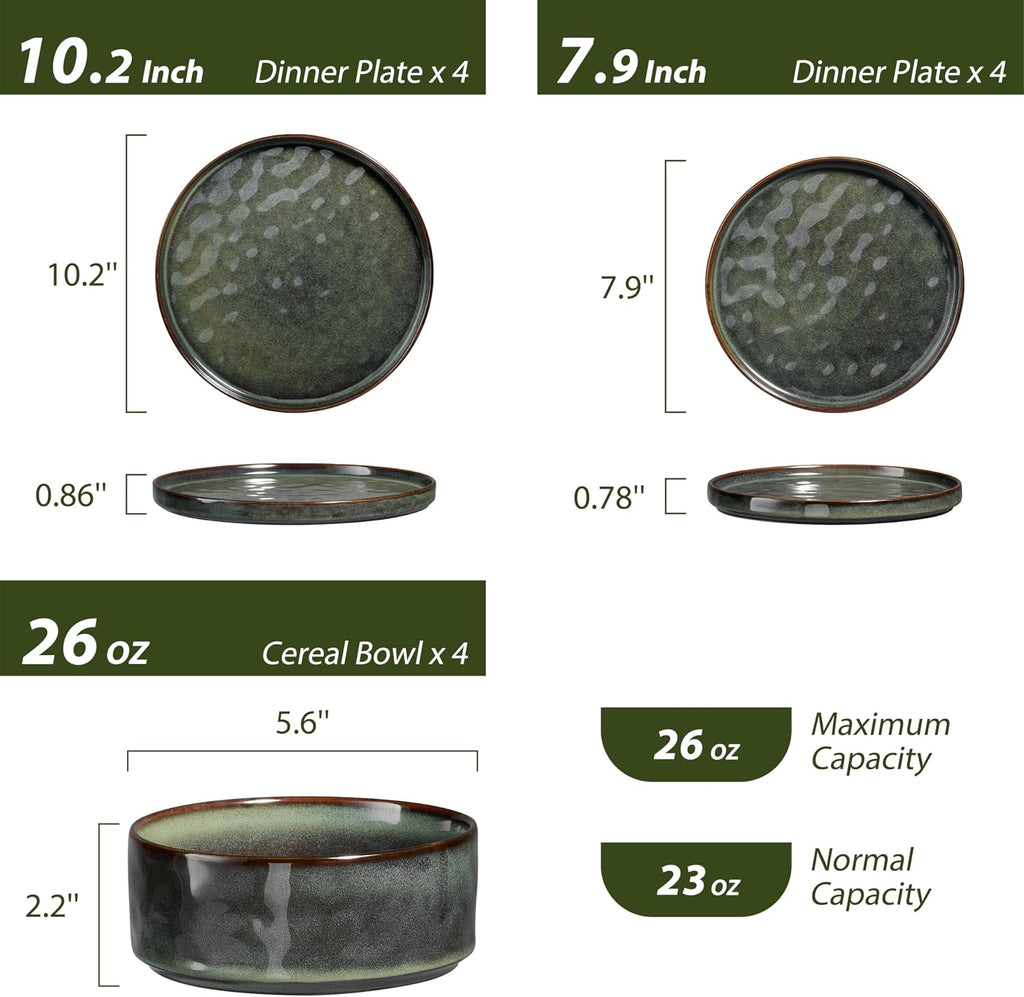 LIANYU Stoneware Dinnerware Dishes Sets for 8, 24 Piece Plates and Bowls Dishware Set, Ceramic Dinning Ware Includes Dinner Salad Plates, Cereal Bowls, Chip & Scratch Resistant,Moss Green