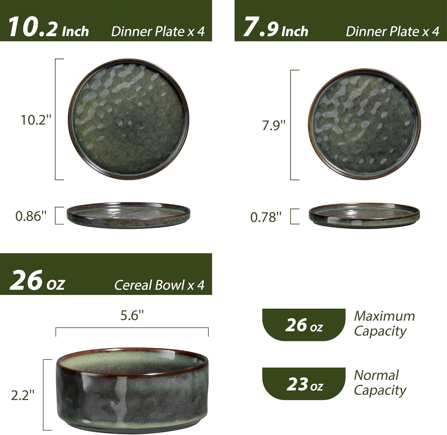 LIANYU Stoneware Dinnerware Dishes Sets for 8, 24 Piece Plates and Bowls Dishware Set, Ceramic Dinning Ware Includes Dinner Salad Plates, Cereal Bowls, Chip & Scratch Resistant,Moss Green
