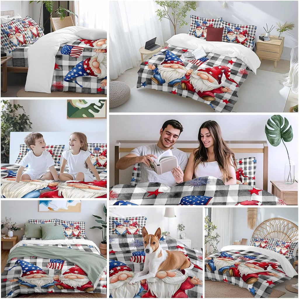 Prime Leader Independence Day Duvet Cover Set Queen Size 4 Pieces Patriotic Gnomes USA Flag Black Plaid Bedding Set with Zipper Closure, 1 Comforter Cover 90x92 Inches 1 Flat Sheet & 2 Pillow Cases