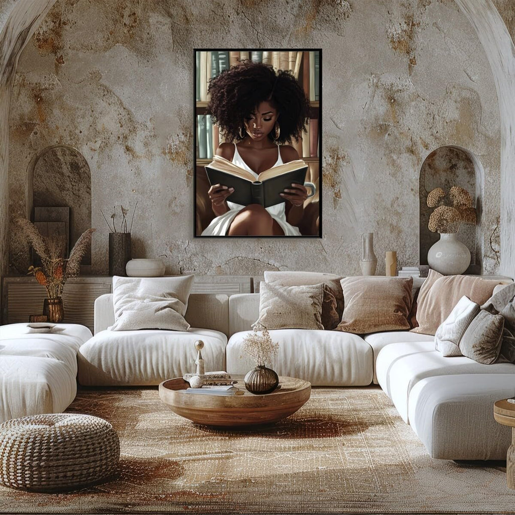 African Black Girl Reading Book Poster, Black Woman Canvas Wall Art Print, Traditional African Symbols Painting, Afrocentric Cultural Wall Decor for Living Room 24x36inch black framed