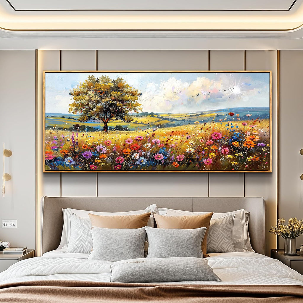 hyidecorart Large Framed Wall Art, Spring Landscape Wall Art, Nature Tree Wildflower Artwork, Colorful Scenery Rustic Painting Canvas Prints, Farmhouse Wall Decor Living Room Bedroom Picture 32x72 In