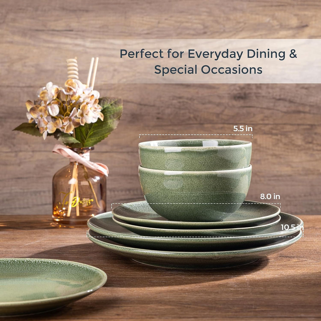 AmorArc Ceramic Dinnerware Sets for 8, 24 Pieces Handpainted Plates and Bowls Set, Scratch Resistant Stoneware Dishes Set, Dishwasher & Microwave Safe, Jade Green
