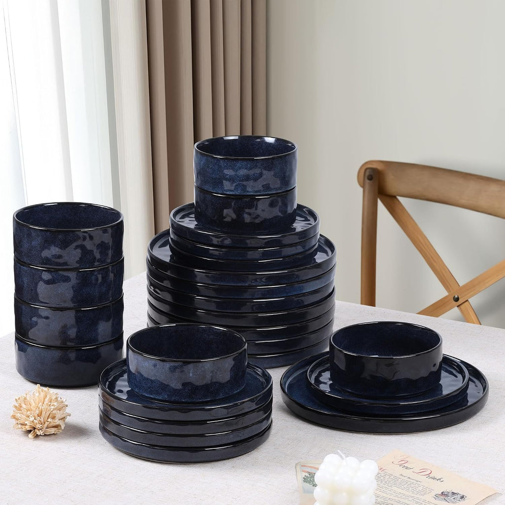LIANYU 24 Pcs Plates and Bowls Sets for 8, Stoneware Dinnerware Dish Set, Dinner Dishware for Dessert Salad Pasta, Microwave & Dishwasher Safe, Cetacean Blue