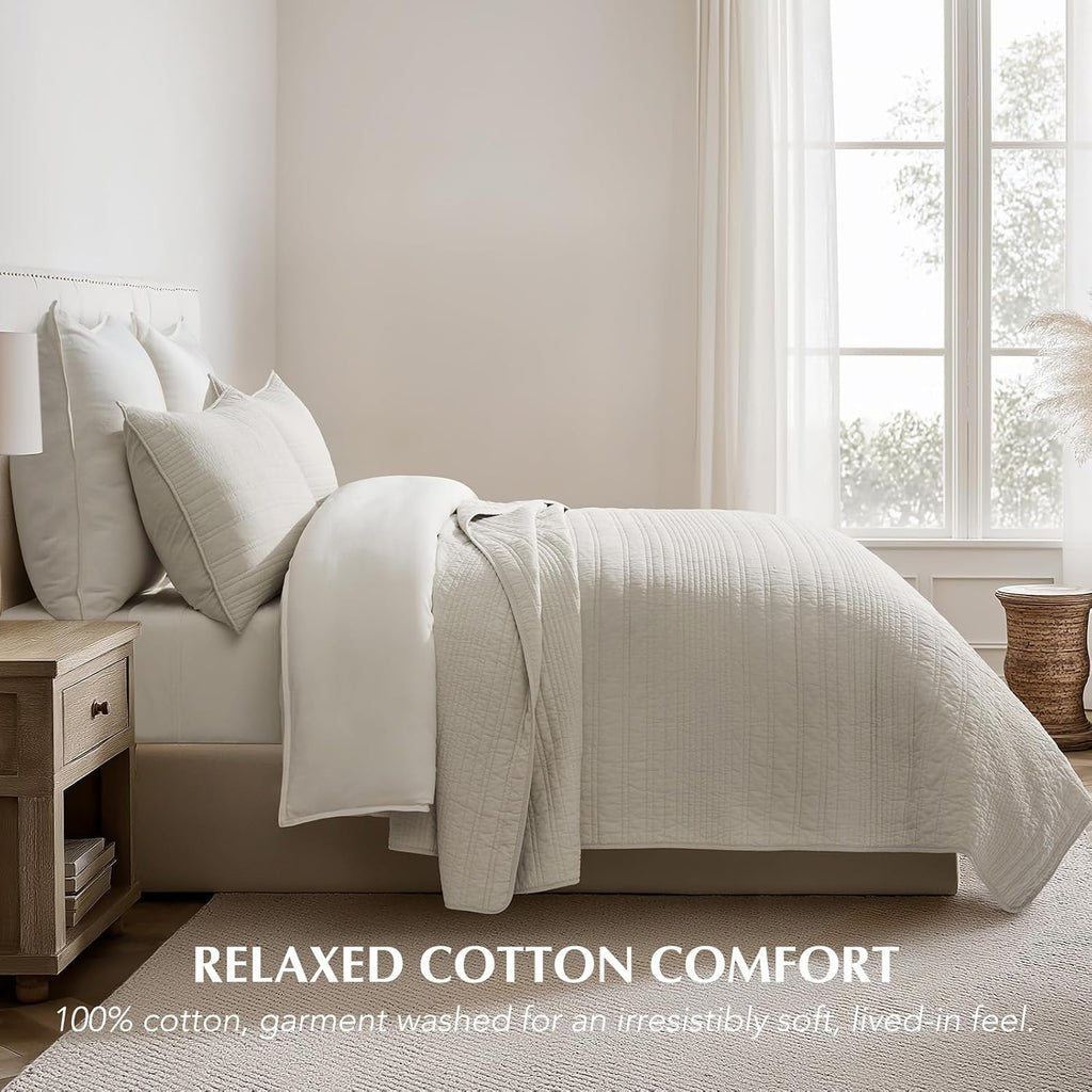 EVERGRACEHOME 100% Cotton Modern Lines Quilt Set Oversized King, Pre-Washed Soft Striped Coverlet Bedspread, 3 Piece Lightweight Bedding Set for All Season, with 2 Pillow Shams, Birch